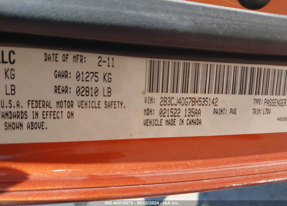 2011 DODGE CHALLENGER VIN: 2B3CJ4DG7BH535142