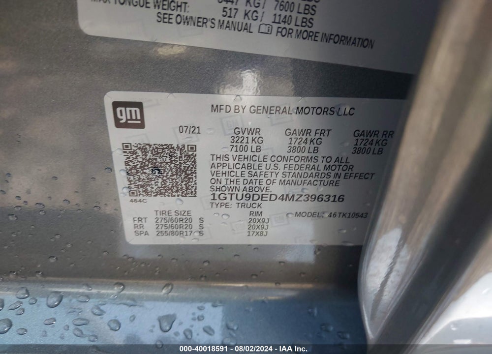 2021 GMC SIERRA 1500 4WD SHORT BOX SLT VIN: 1GTU9DED4MZ396316