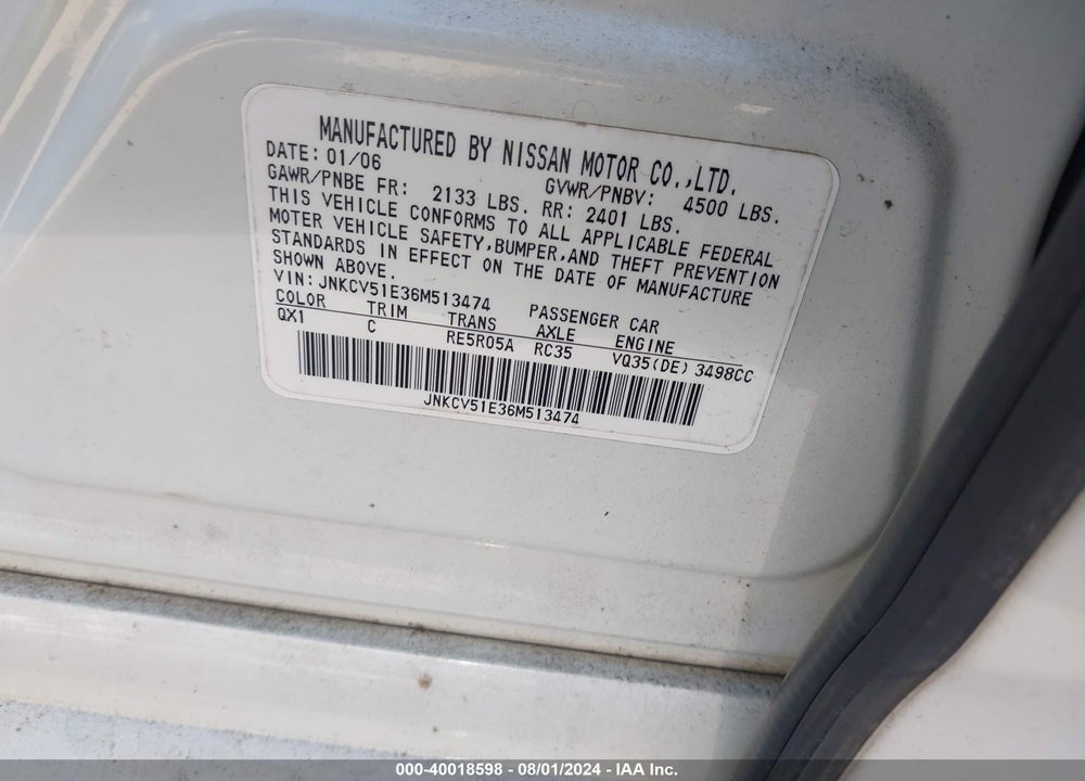 2006 INFINITI G35 VIN: JNKCV51E36M513474