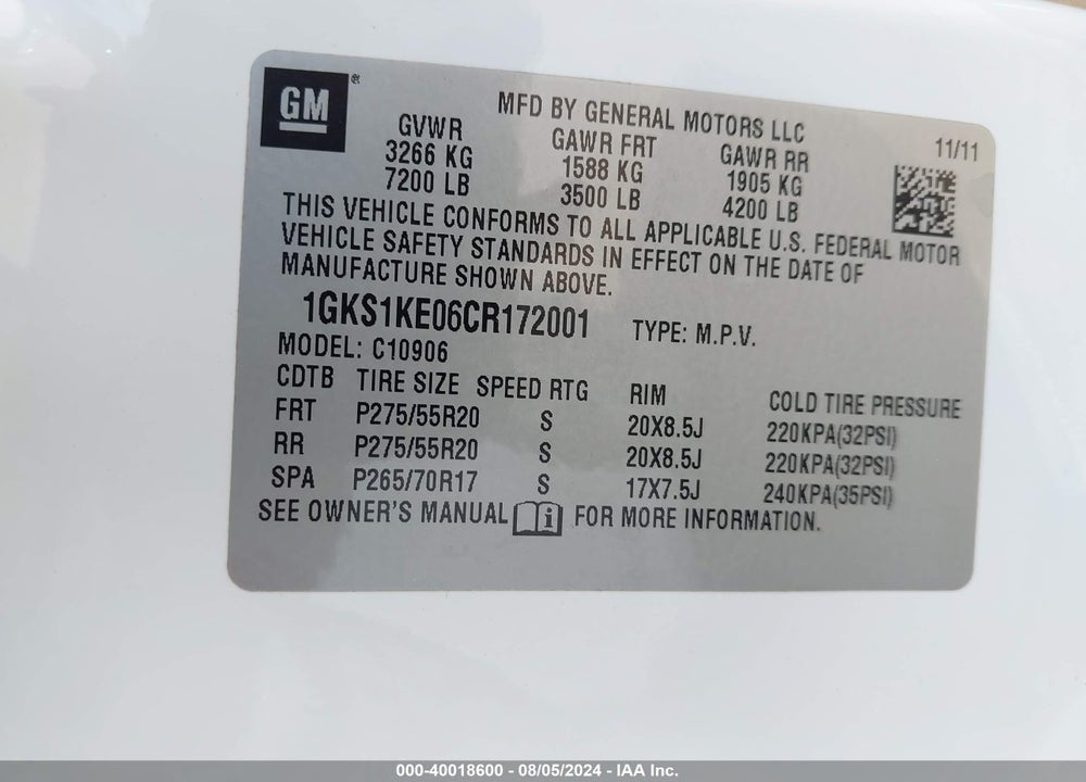 2012 GMC YUKON XL 1500 SLT VIN: 1GKS1KE06CR172001