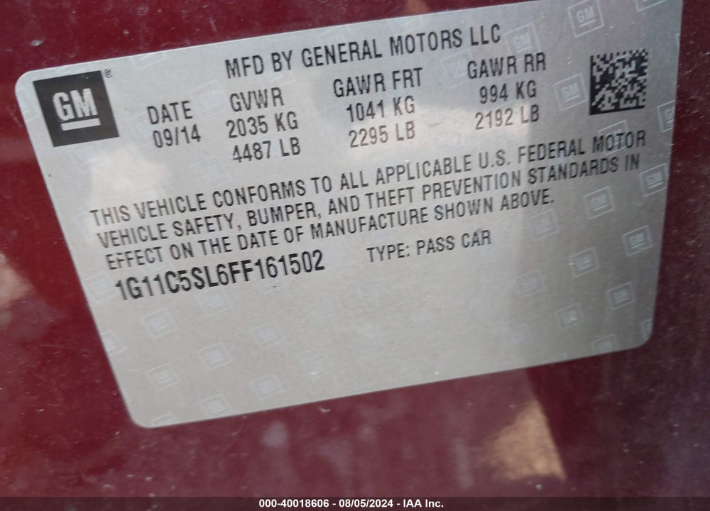 2015 CHEVROLET MALIBU VIN: 1G11C5SL6FF161502