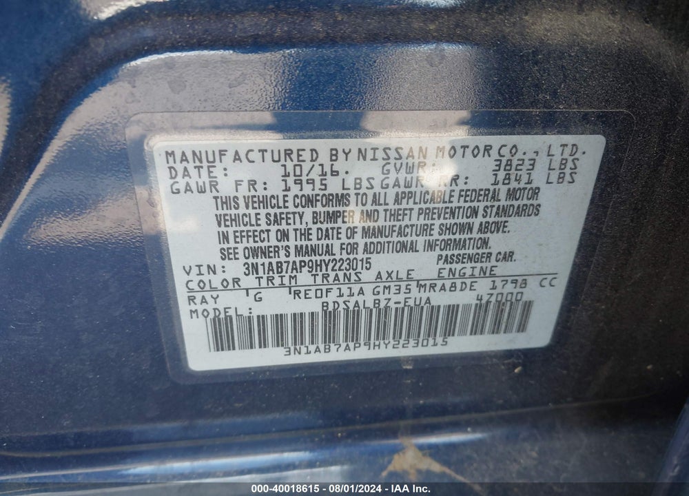 2017 NISSAN SENTRA S VIN: 3N1AB7AP9HY223015