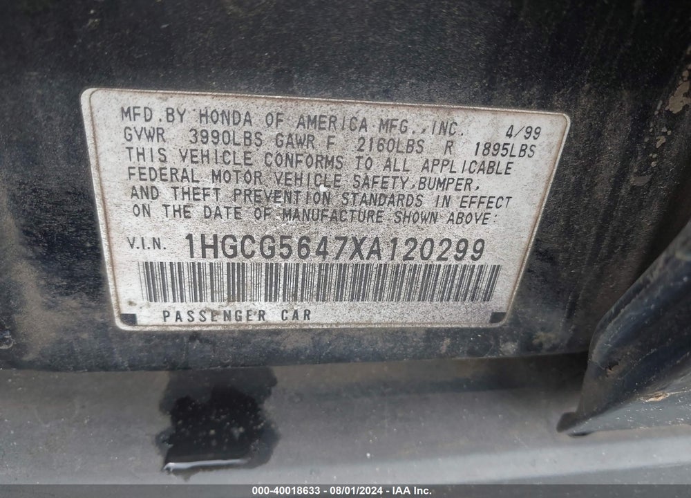 1999 HONDA ACCORD LX VIN: 1HGCG5647XA120299