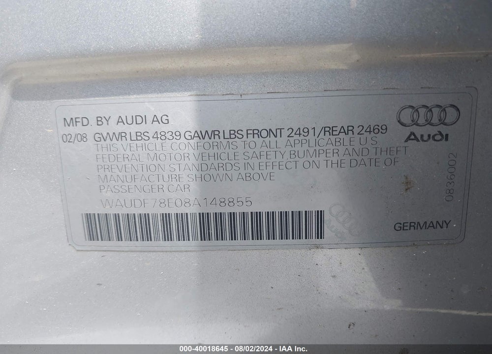 2008 AUDI A4 2.0T/2.0T SPECIAL EDITION VIN: WAUDF78E08A148855
