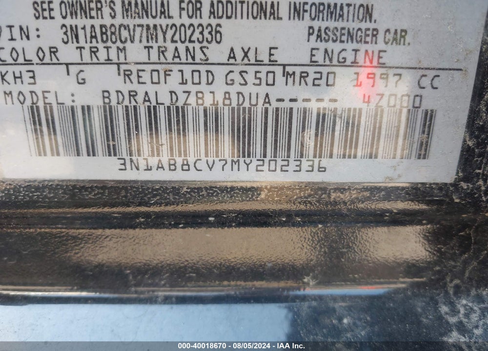 2021 NISSAN SENTRA SV XTRONIC CVT VIN: 3N1AB8CV7MY202336