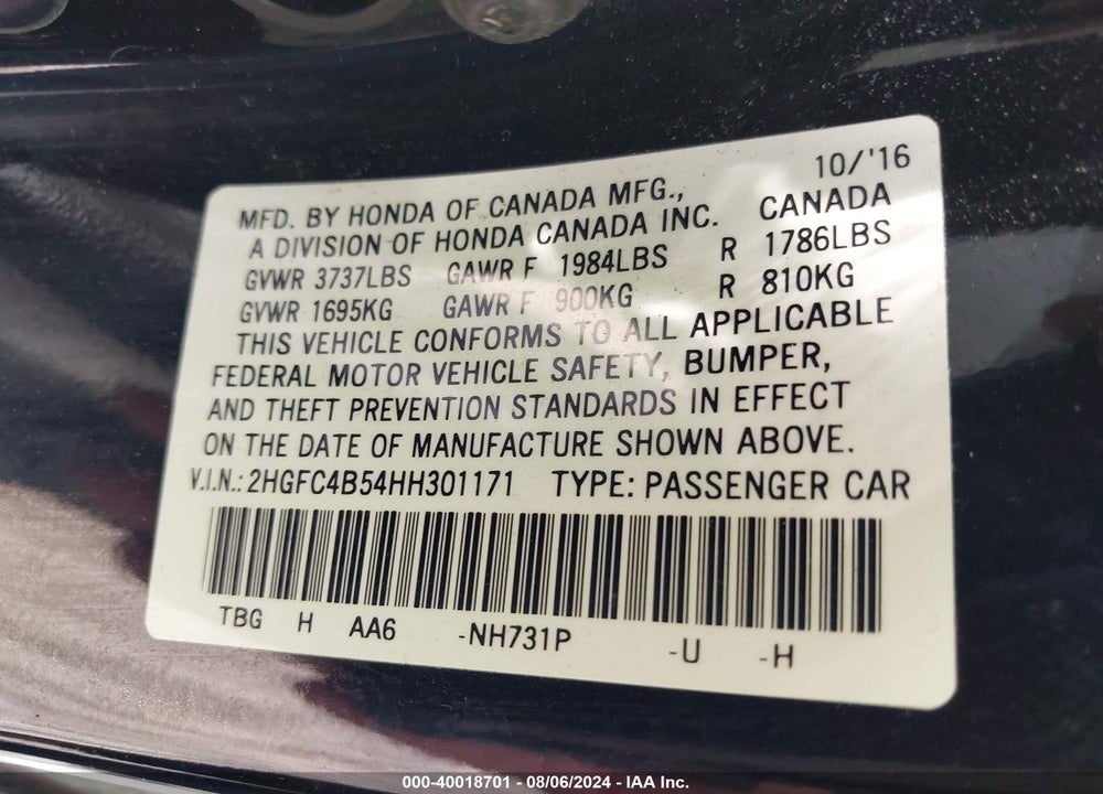 2017 HONDA CIVIC LX VIN: 2HGFC4B54HH301171