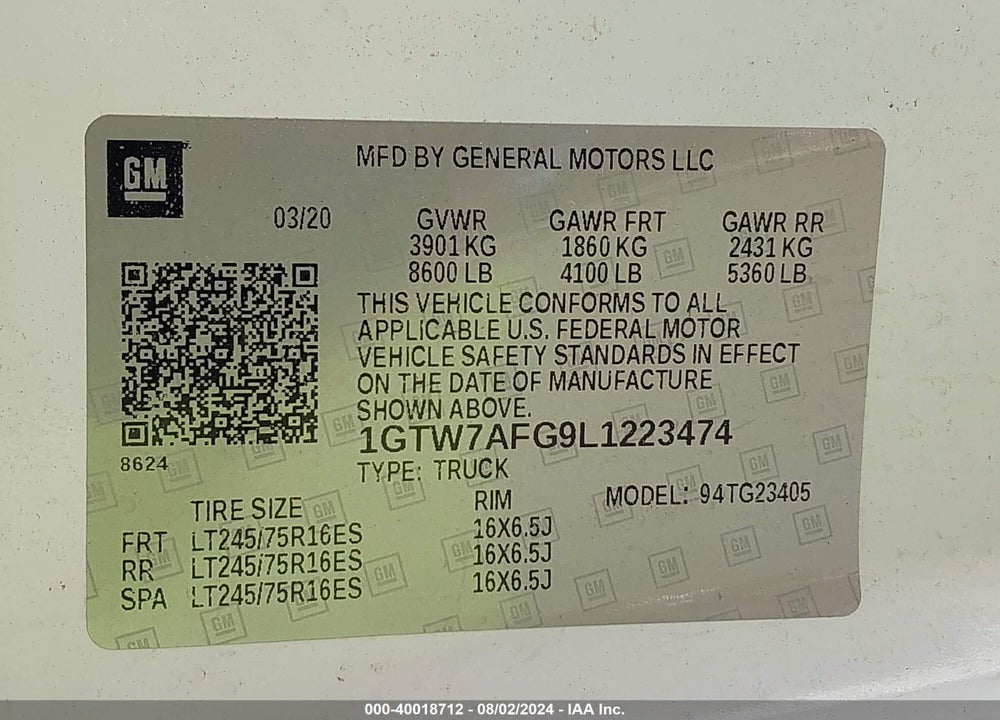 2020 GMC SAVANA CARGO RWD 2500 REGULAR WHEELBASE WORK VAN VIN: 1GTW7AFG9L1223474