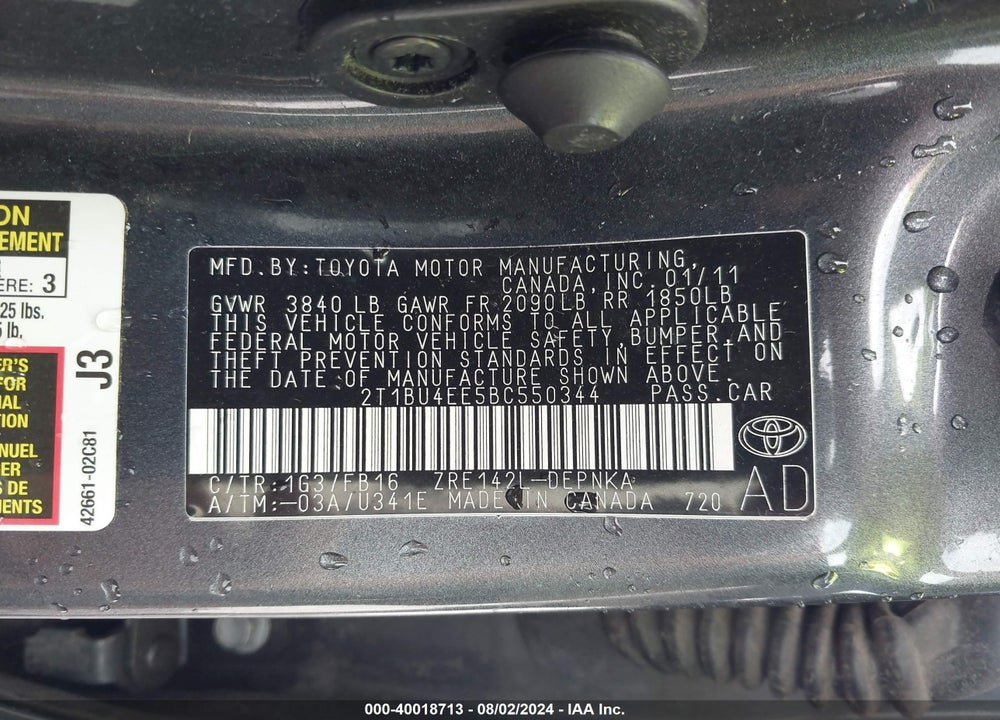 2011 TOYOTA COROLLA LE VIN: 2T1BU4EE5BC550344