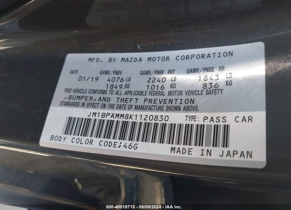 2019 MAZDA 3 PREFERRED PACKAGE VIN: JM1BPAMM8K1120830