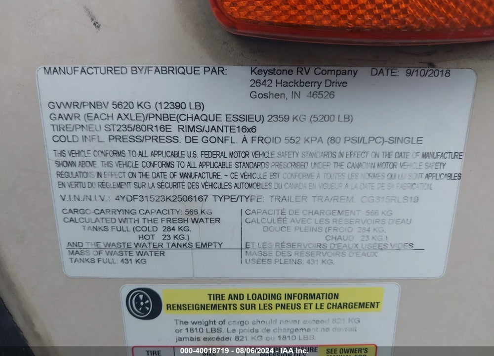 2019 KEYSTONE R M-315 COUG VIN: 4YDF31523K2506167