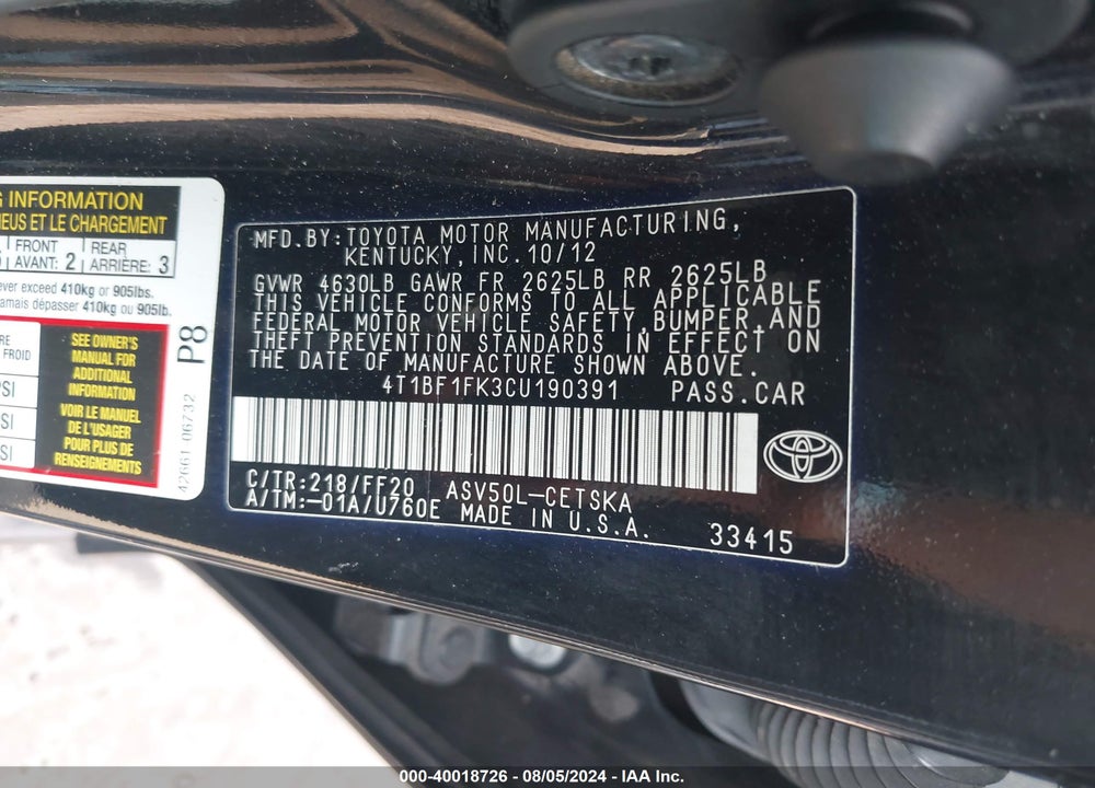 2012 TOYOTA CAMRY SE LIMITED EDITION VIN: 4T1BF1FK3CU190391