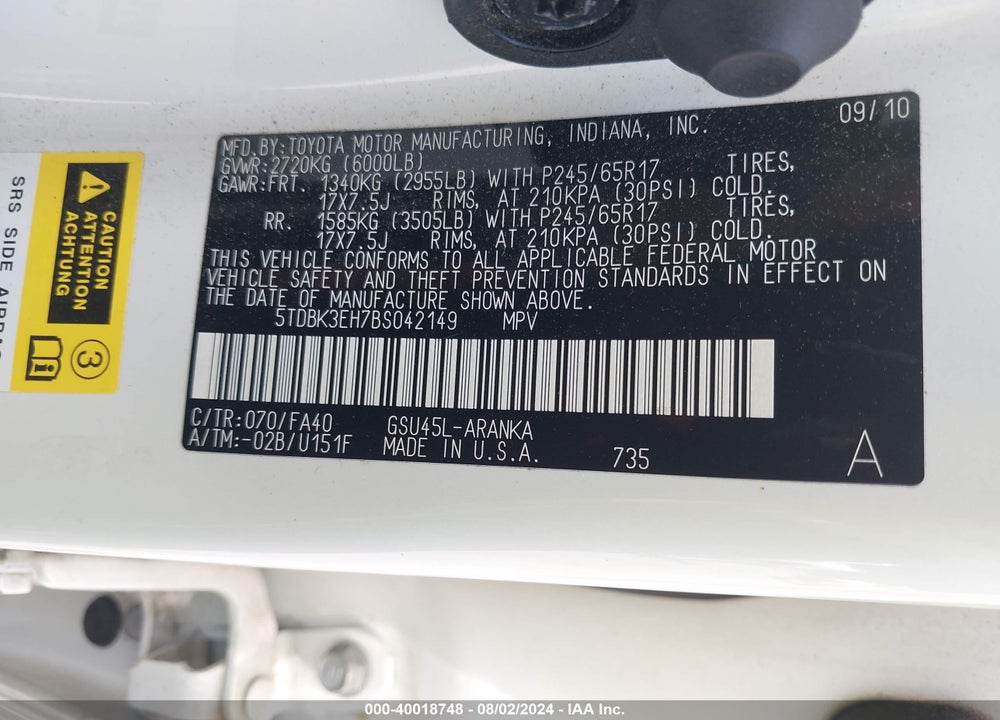 2011 TOYOTA HIGHLANDER BASE V6 VIN: 5TDBK3EH7BS042149