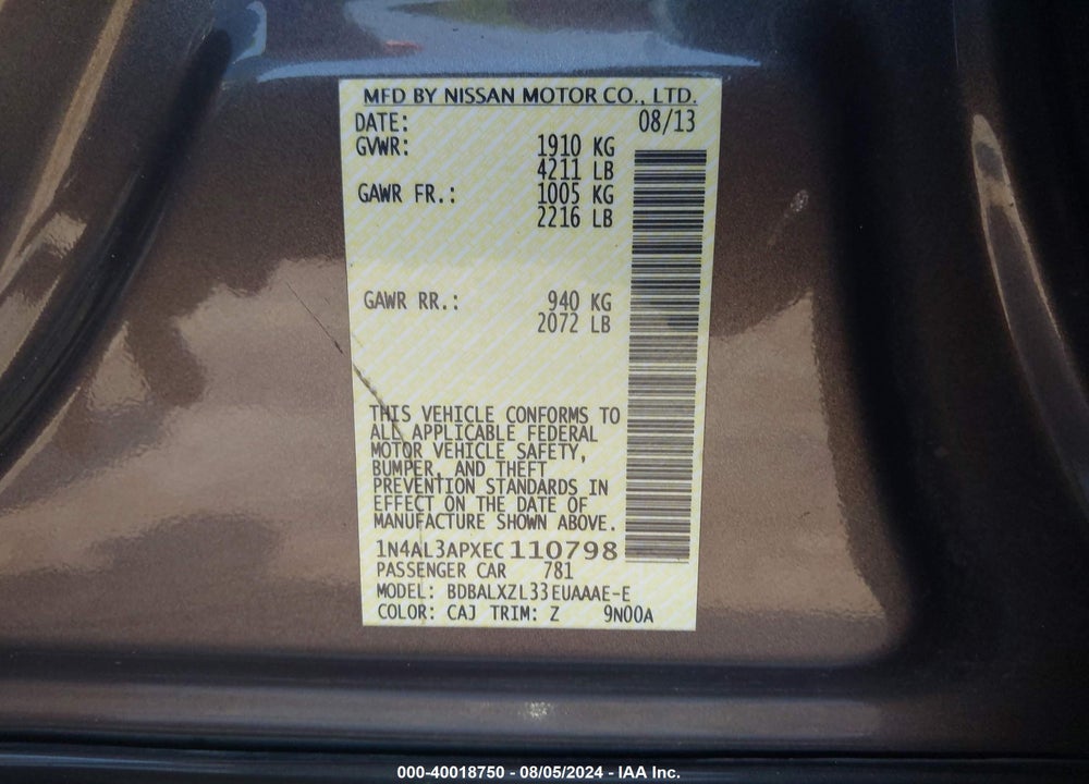 2014 NISSAN ALTIMA 2.5 SL VIN: 1N4AL3APXEC110798