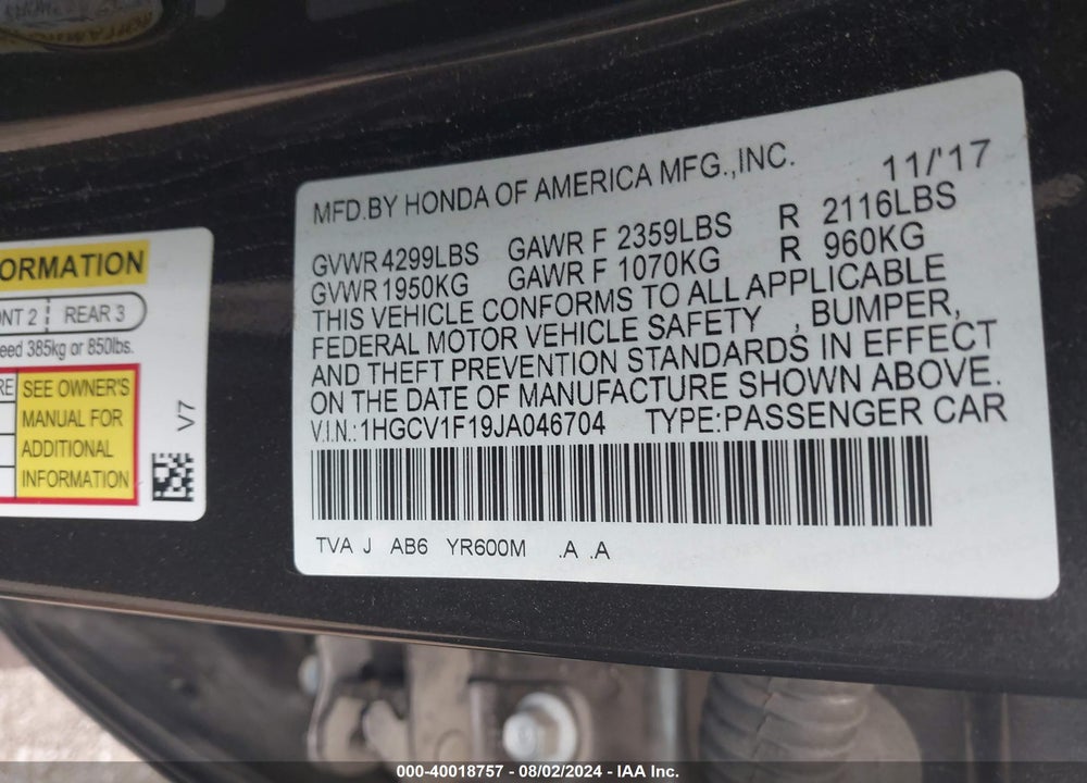 2018 HONDA ACCORD LX VIN: 1HGCV1F19JA046704