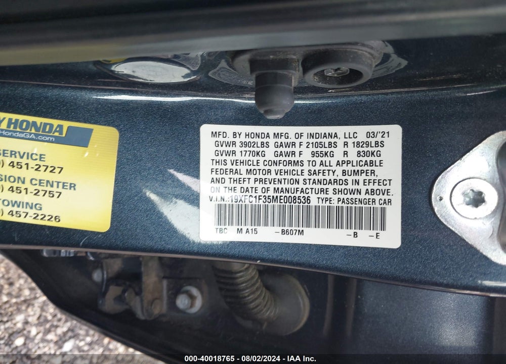 2021 HONDA CIVIC EX VIN: 19XFC1F35ME008536