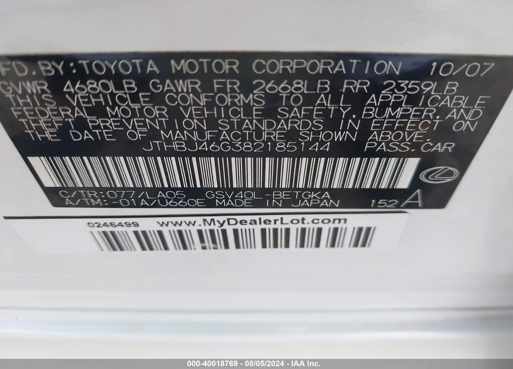2008 LEXUS ES 350 VIN: JTHBJ46G382185144