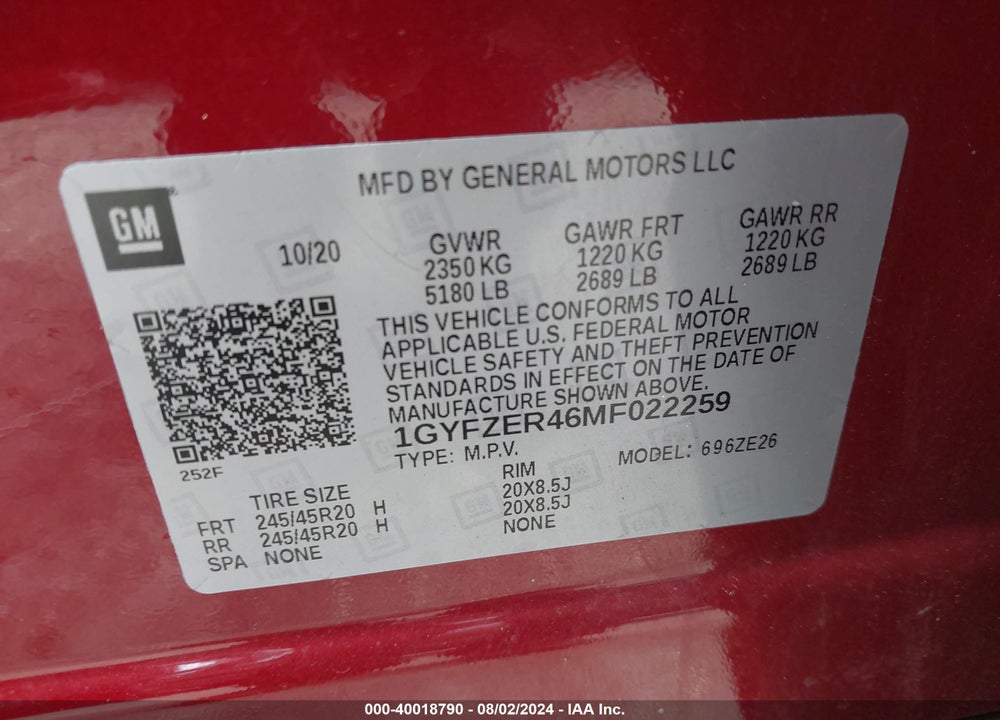 2021 CADILLAC XT4 VIN: 1GYFZER46MF022259