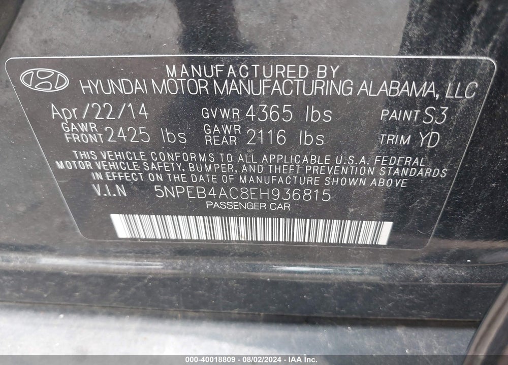 2014 HYUNDAI SONATA GLS VIN: 5NPEB4AC8EH936815