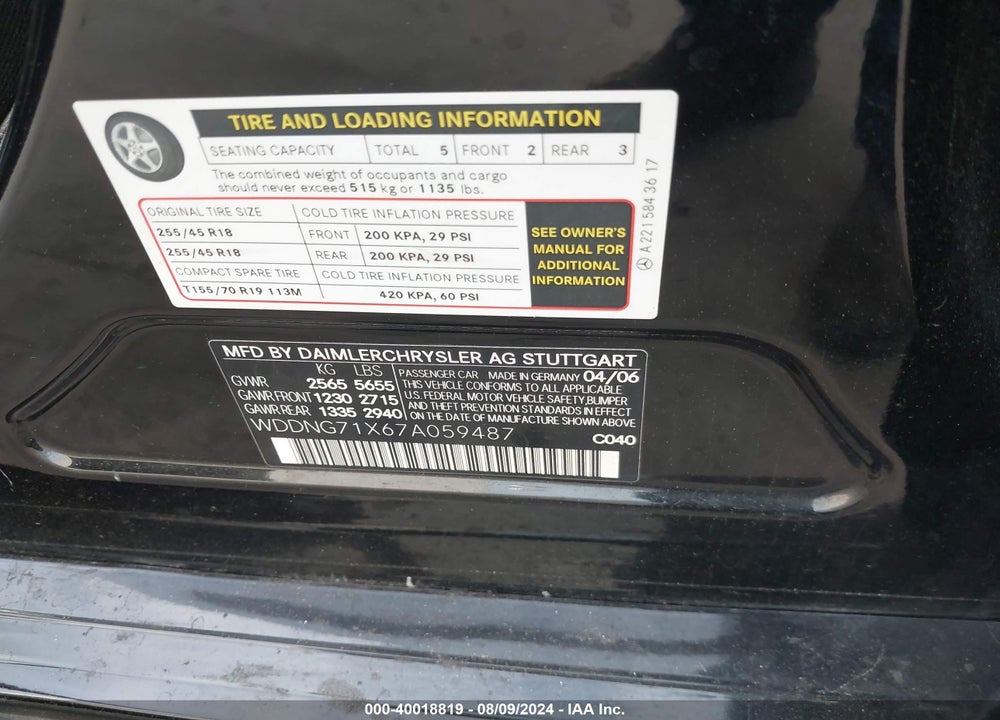 2007 MERCEDES-BENZ S 550 VIN: WDDNG71X67A059487
