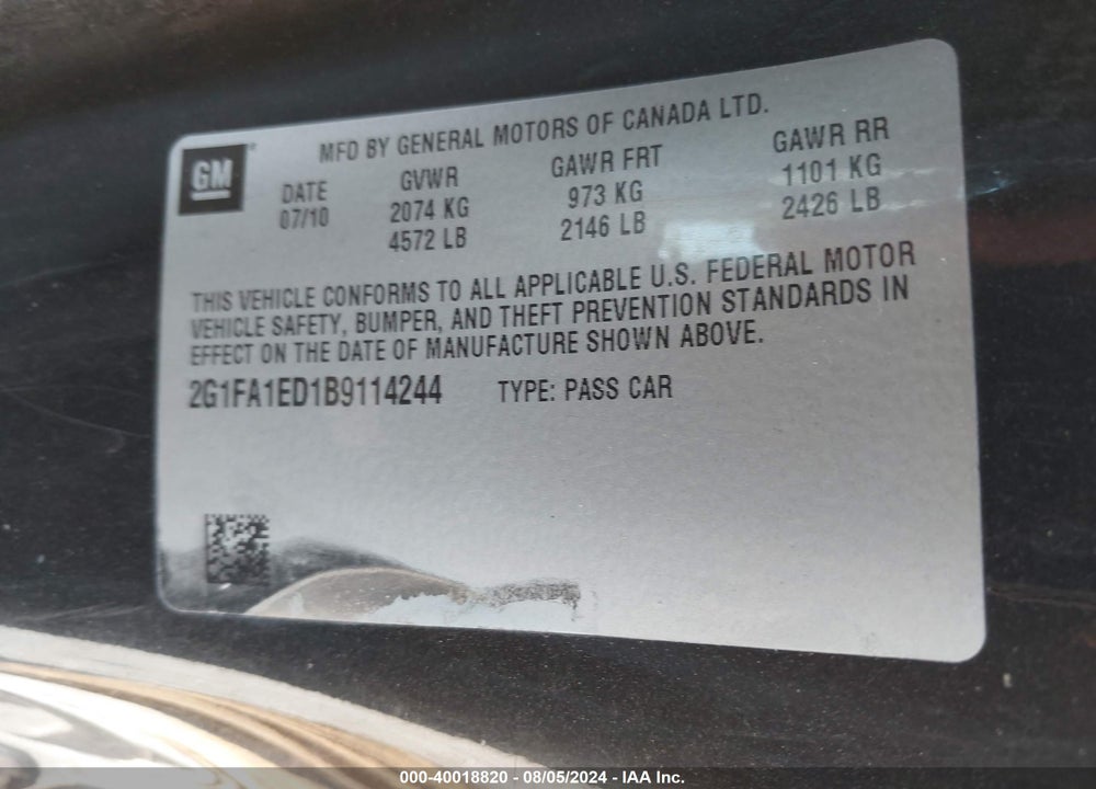 2011 CHEVROLET CAMARO 2LS VIN: 2G1FA1ED1B9114244