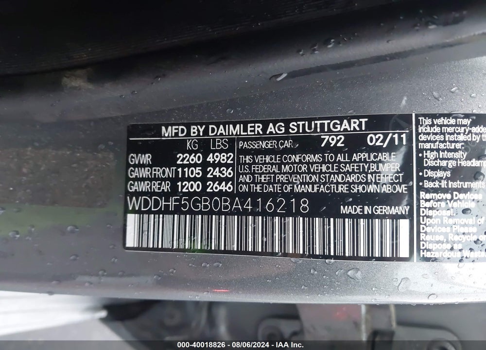 2011 MERCEDES-BENZ E 350 VIN: WDDHF5GB0BA416218