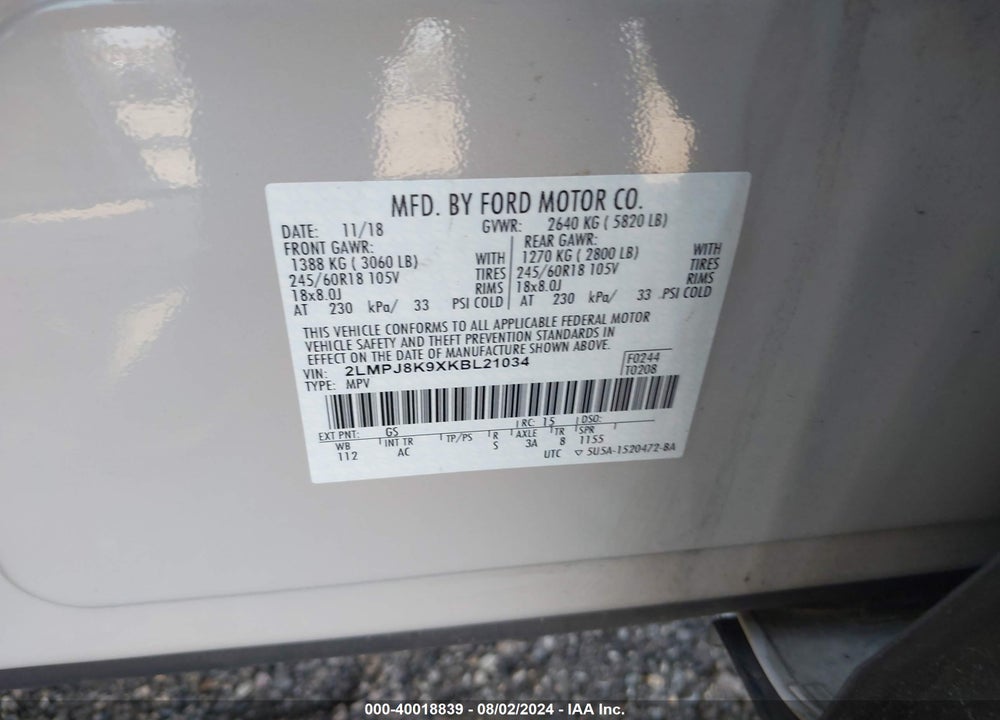 2019 LINCOLN NAUTILUS SELECT VIN: 2LMPJ8K9XKBL21034