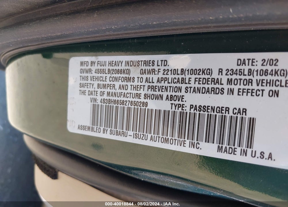 2002 SUBARU OUTBACK VIN: 4S3BH665827650289