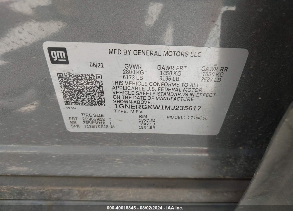2021 CHEVROLET TRAVERSE FWD LT CLOTH VIN: 1GNERGKW1MJ235617