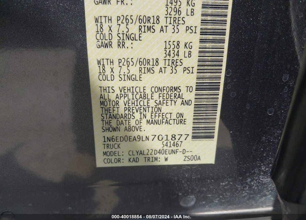 2020 NISSAN FRONTIER SV 4X2 VIN: 1N6ED0EA9LN701877