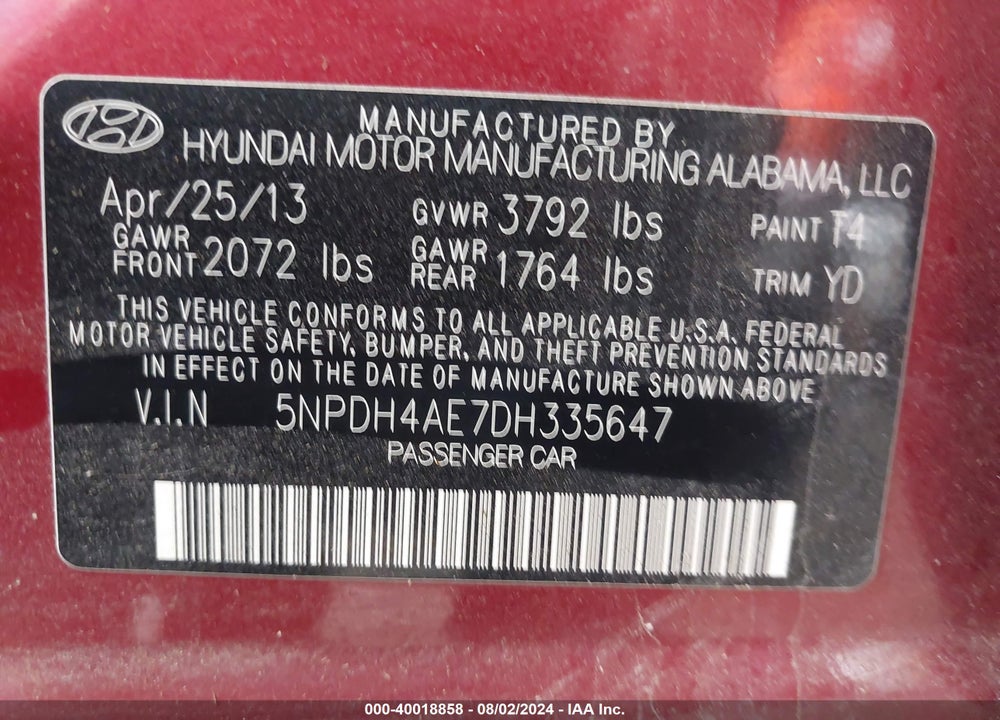 2013 HYUNDAI ELANTRA GLS VIN: 5NPDH4AE7DH335647