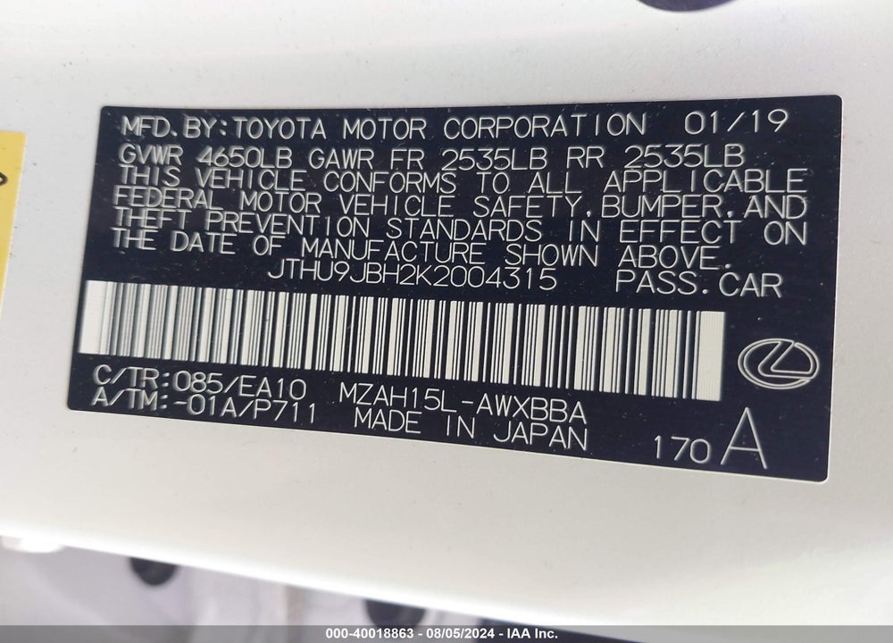 2019 LEXUS UX 250H VIN: JTHU9JBH2K2004315