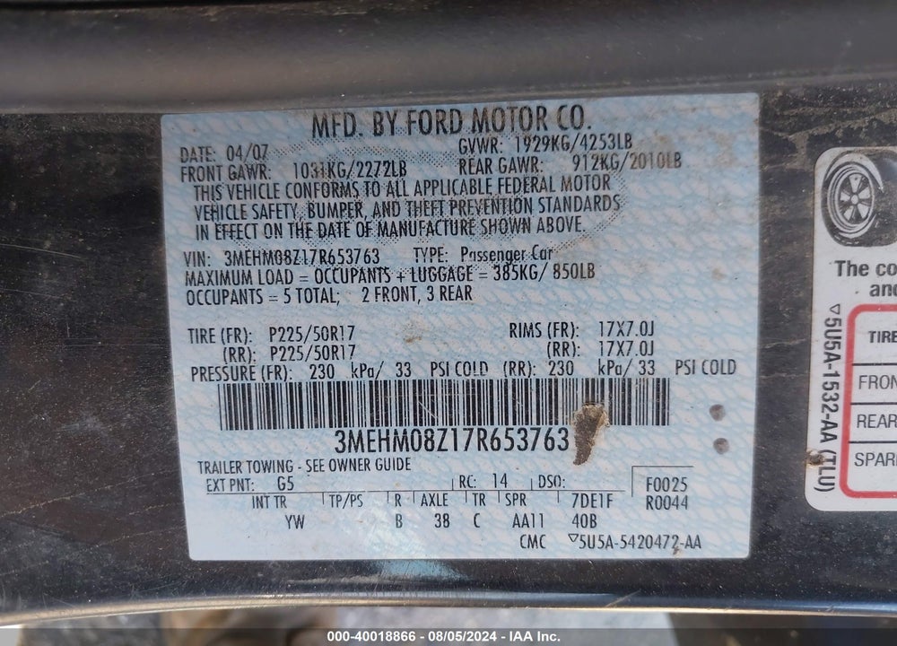 2007 MERCURY MILAN I4 PREMIER VIN: 3MEHM08Z17R653763