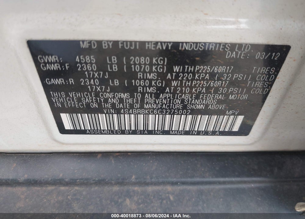 2012 SUBARU OUTBACK 2.5I LIMITED VIN: 4S4BRBKC6C3275002