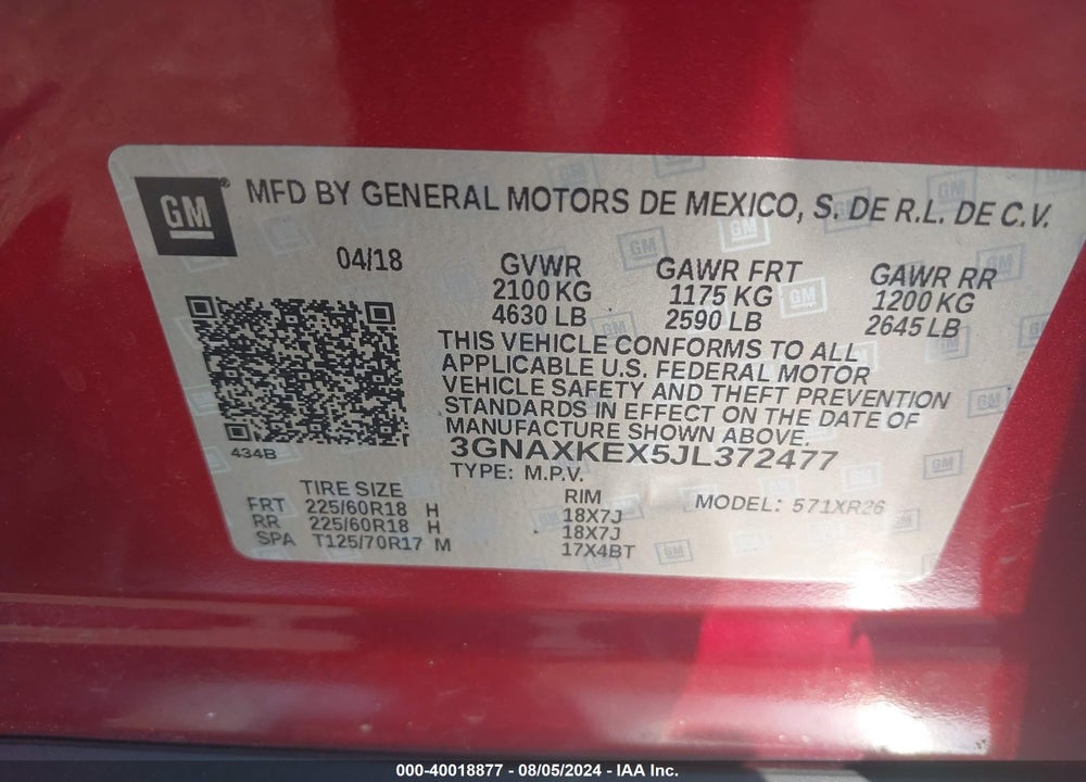 2018 CHEVROLET EQUINOX LT VIN: 3GNAXKEX5JL372477