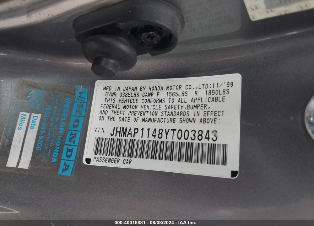 2000 HONDA S2000 VIN: JHMAP1148YT003843