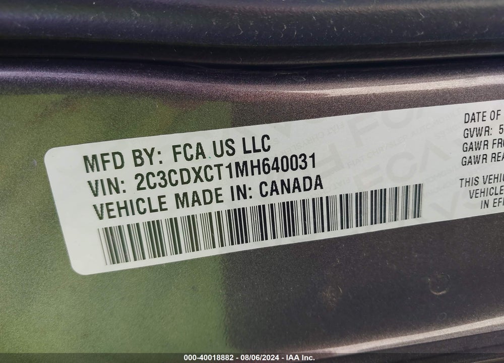 2021 DODGE CHARGER R/T RWD VIN: 2C3CDXCT1MH640031