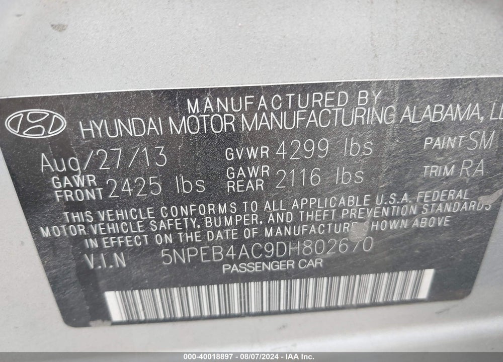 2013 HYUNDAI SONATA VIN: 5NPEB4AC9DH802670