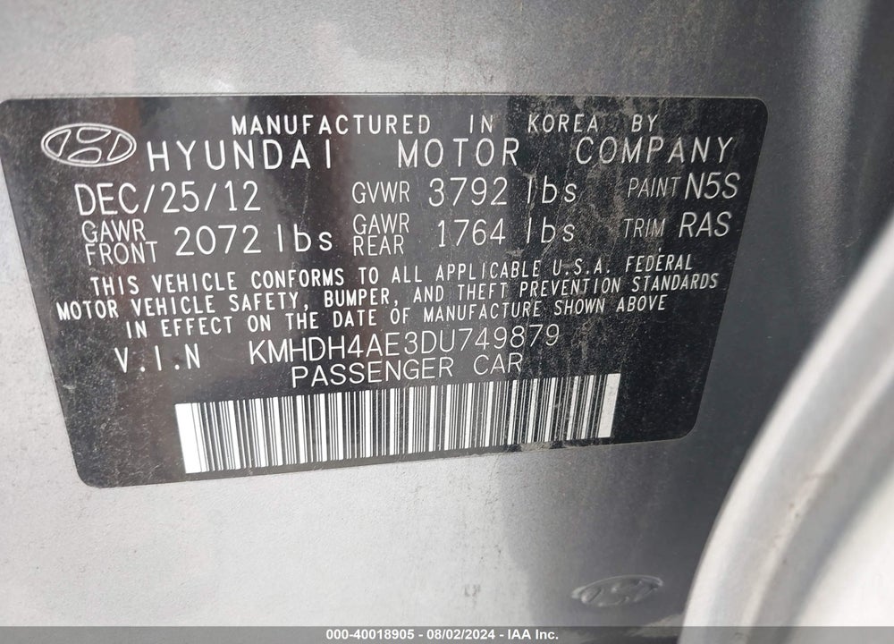 2013 HYUNDAI ELANTRA GLS VIN: KMHDH4AE3DU749879