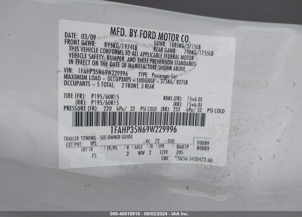 2009 FORD FOCUS SE VIN: 1FAHP35N69W229996