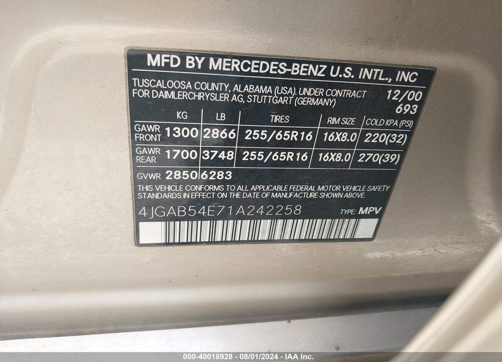 2001 MERCEDES-BENZ ML 320 VIN: 4JGAB54E71A242258