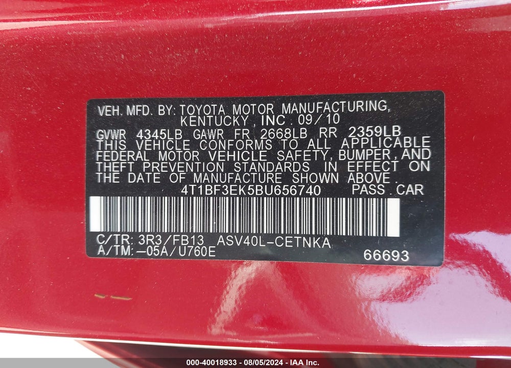 2011 TOYOTA CAMRY LE VIN: 4T1BF3EK5BU656740