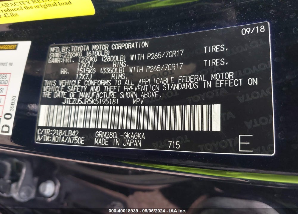 2019 TOYOTA 4RUNNER SR5 PREMIUM VIN: JTEZU5JR5K5195181