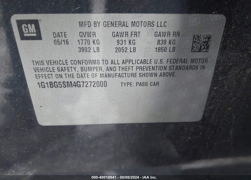 2016 CHEVROLET CRUZE PREMIER AUTO VIN: 1G1BG5SM4G7272000