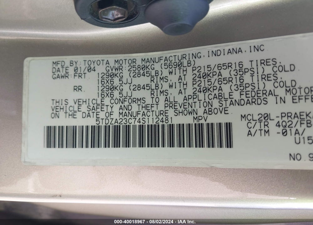 2004 TOYOTA SIENNA LE VIN: 5TDZA23C74S112481