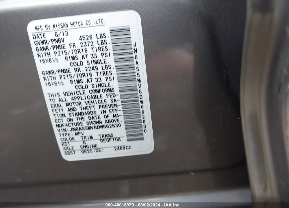 2013 NISSAN ROGUE VIN: JN8AS5MV8DW662630