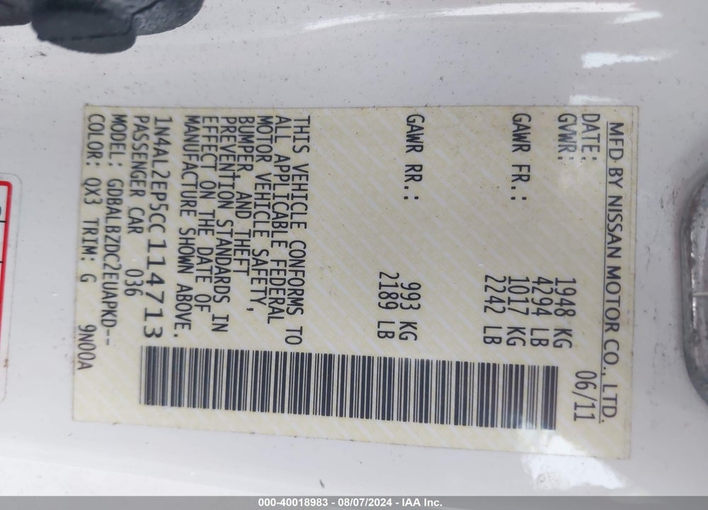 2012 NISSAN ALTIMA 2.5 S VIN: 1N4AL2EP5CC114713