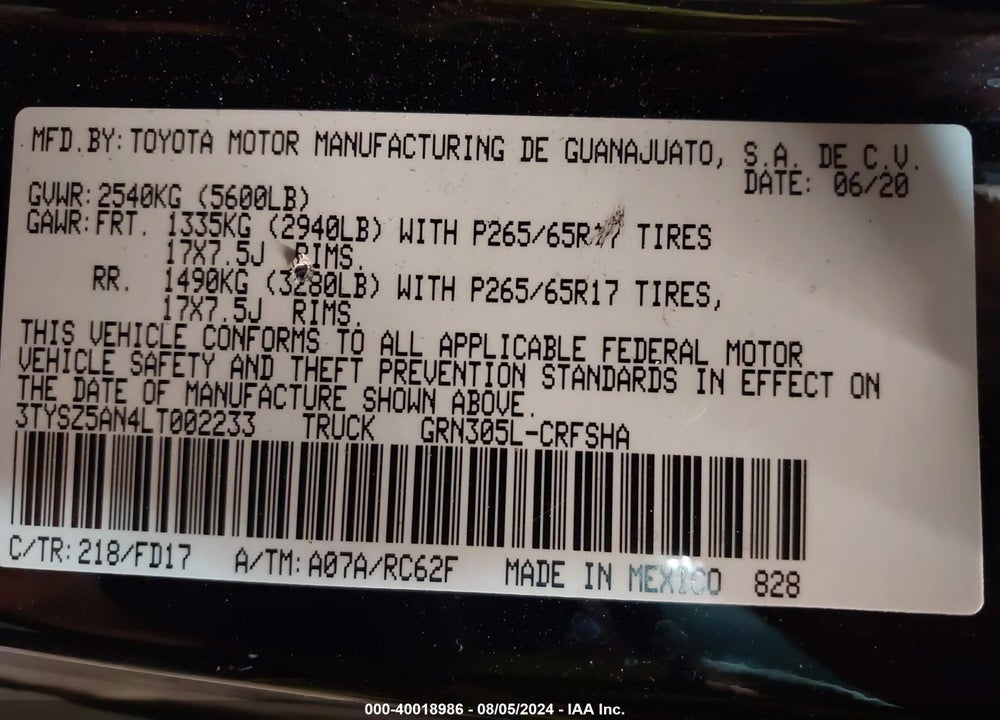 2020 TOYOTA TACOMA TRD SPORT VIN: 3TYSZ5AN4LT002233