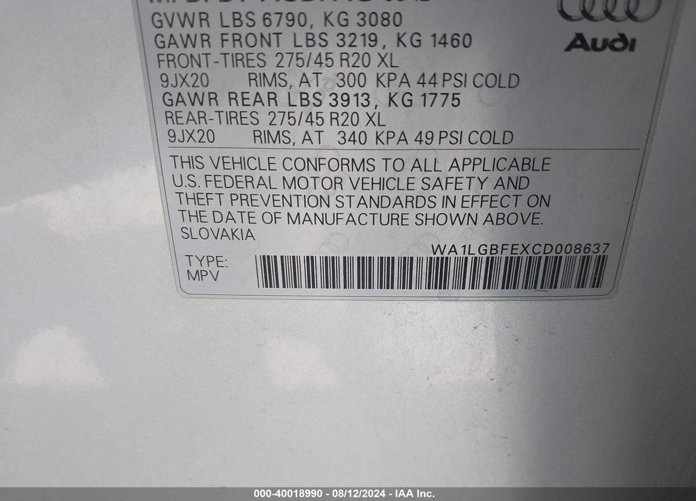 2012 AUDI Q7 3.0T PREMIUM VIN: WA1LGBFEXCD008637