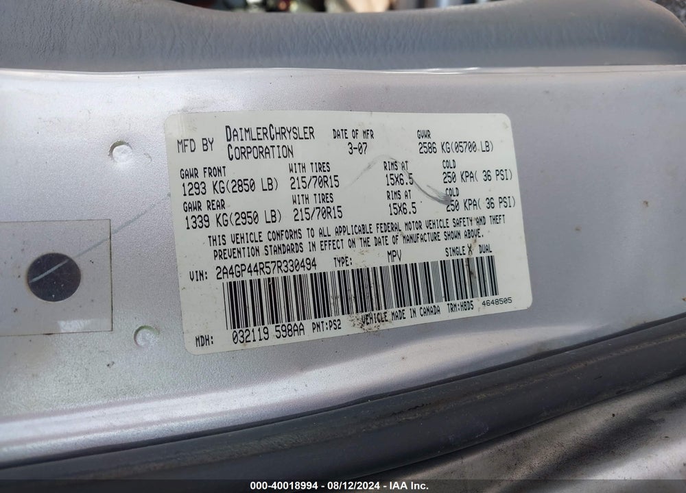 2007 CHRYSLER TOWN & COUNTRY LX VIN: 2A4GP44R57R330494