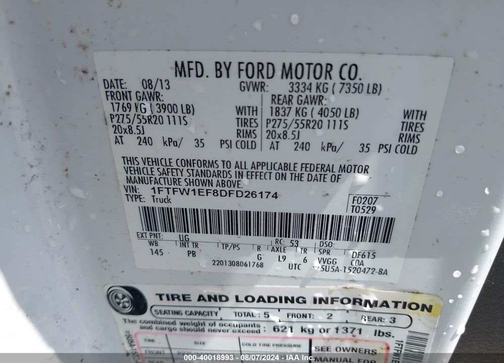 2013 FORD F-150 PLATINUM VIN: 1FTFW1EF8DFD26174